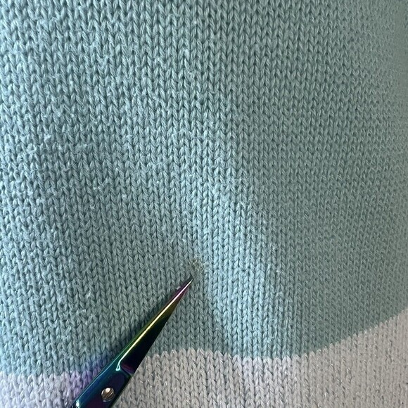 Pendleton Womens Sweater LARGE Short Sleeve Blue Green Striped Pockets READ - Picture 8 of 13